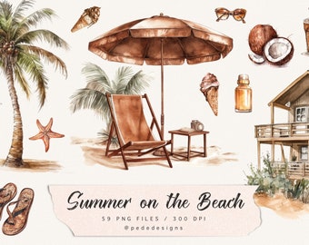 Summer on the beach illustrations, beach house, travel graphics, palm tree clipart, beach chair, summer clothes, summer drinks, download