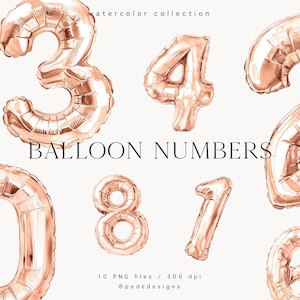 Números de balão de ouro rosa, clipart de balão de alumínio, festa, celebração, aniversário, clipart em aquarela, números de ouro rosa, balão rosa, baixar
