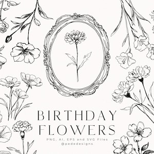 Fleurs d'anniversaire, dessin au trait au pinceau, fleurs de naissance, fichiers vectoriels, images png, fichiers svg, fleurs dessinées à la main, rose de lys, pivoine, marguerite, téléchargement