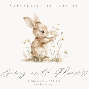 Bunny with Flowers clipart, watercolor baby bunny, spring png graphics, easter clipart, nursery clipart, spring flowers, daisies, download image 5