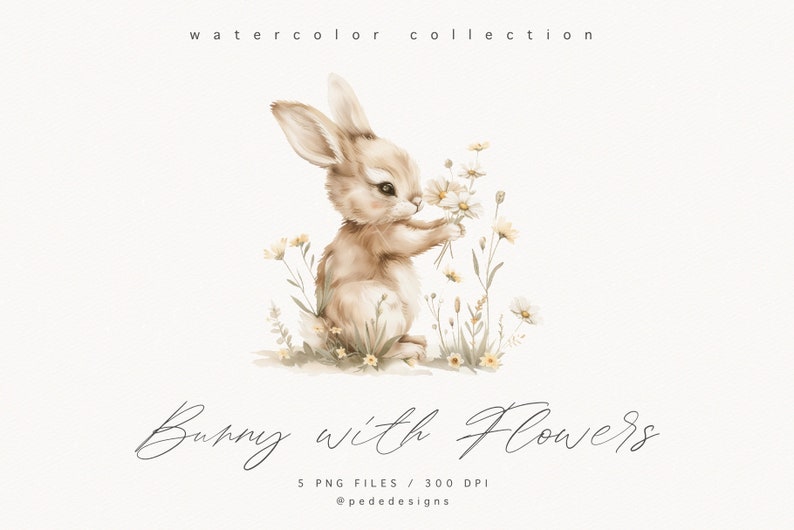 Bunny with Flowers clipart, watercolor baby bunny, spring png graphics, easter clipart, nursery clipart, spring flowers, daisies, download image 5