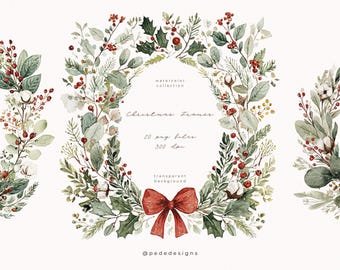 May include: A collection of watercolor Christmas frames featuring green foliage, red berries, cotton bolls, and red ribbons. The central frame includes text reading watercolor collection, Christmas frames, 20 png files, 300 dpi, transparent background.