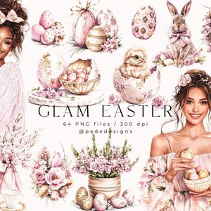 Conjunto de imágenes prediseñadas de Pascua glamorosa, gráficos de temporada en acuarela, imágenes prediseñadas de niña, rosa y dorado, pegatinas digitales de primavera, imágenes prediseñadas de huevos de Pascua, descarga