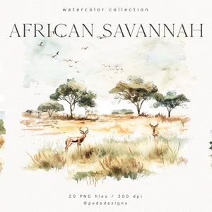 Illustrazione della savana africana, clipart vista acquerello, grafica di viaggio, paesaggio estivo, clipart esotica, elefanti, giraffa, download
