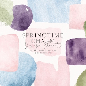 Könnte beinhalten: Aquarell-Designelemente in Pastelltönen von Rosa, Blau, Grün und Lila. Das Bild enthält abstrakte Formen und den Text "SPRINGTIME CHARM Design Elements". Die Designelemente sind 19 PNG-Dateien mit 300 dpi.
