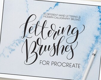 May include: A digital illustration of a white tablet with a blue watercolor background. The text "Lettering Brushes for Procreate" is written in black cursive font. The text "10 Different Hand Lettering & Modern Calligraphy Brushes" is written in smaller black font above the main text.