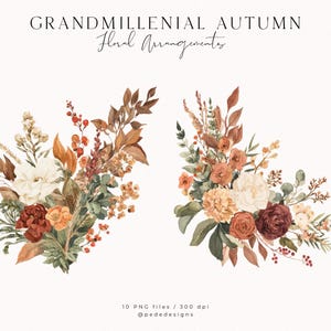 May include: Watercolor floral arrangements in warm autumn colors. The image features two bouquets with a variety of flowers and foliage in shades of orange, red, cream, and green. Text at the top reads "GRANDMILLENNIAL AUTUMN Floral Arrangements."