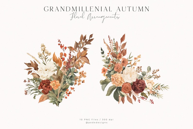 May include: Watercolor floral arrangements in warm autumn colors. The image features two bouquets with a variety of flowers and foliage in shades of orange, red, cream, and green. Text at the top reads "GRANDMILLENNIAL AUTUMN Floral Arrangements."