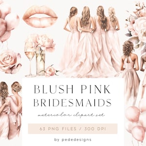 Demoiselles d'honneur rose fard à joues, filles aquarelles, graphiques de mariage, rose aquarelle, douche nuptiale, clipart scrapbooking, autocollants png, téléchargement