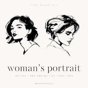 Arte de pincel de línea, retrato de mujer, ilustración de niña, archivos SVG, línea fina, rostro de mujer, tinta abstracta PNG, arte minimalista, descarga