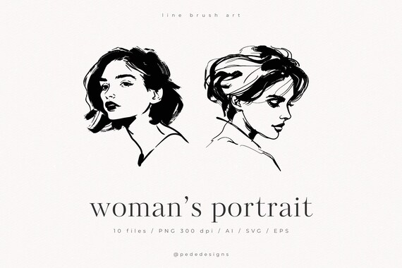 現代的な女性肖像画 手書きイラスト ラインブラシアート、女性の肖像画、女の子のイラスト、SVGファイル