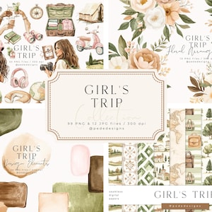 Colección de viajes de chicas, clipart de acuarela, png de viajes de verano, patrones sin costuras de viaje, camping, flores, clipart de viaje por carretera, descarga
