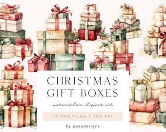 Christmas Gift Boxes Clipart, watercolor present, xmas clipart, xmas clipart, watercolor gift boxes, christmas time, download