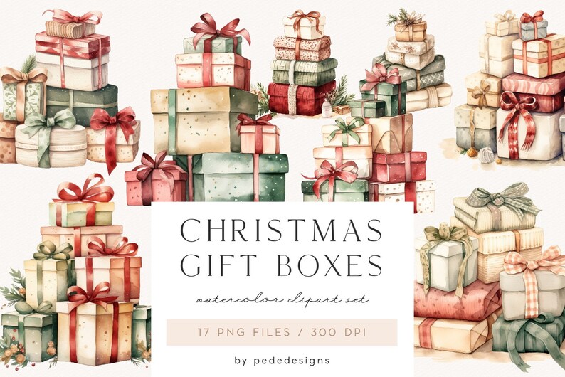 May include: A set of 17 watercolor illustrations of Christmas gift boxes in various colors and patterns. The boxes are stacked in different arrangements and some have ribbons and bows. The text "Christmas Gift Boxes" is written in a decorative font below the images.