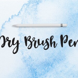 May include: A white Apple Pencil lies on a blue watercolor background with the text "Dry Brush Pen" written in black cursive.