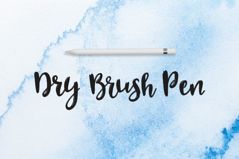 May include: A white Apple Pencil lies on a blue watercolor background with the text "Dry Brush Pen" written in black cursive.