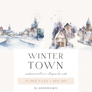 Winter Town, watercolor winter scenery, winter clipart, winter landscape, christmas clipart, winter png graphics, houses, download