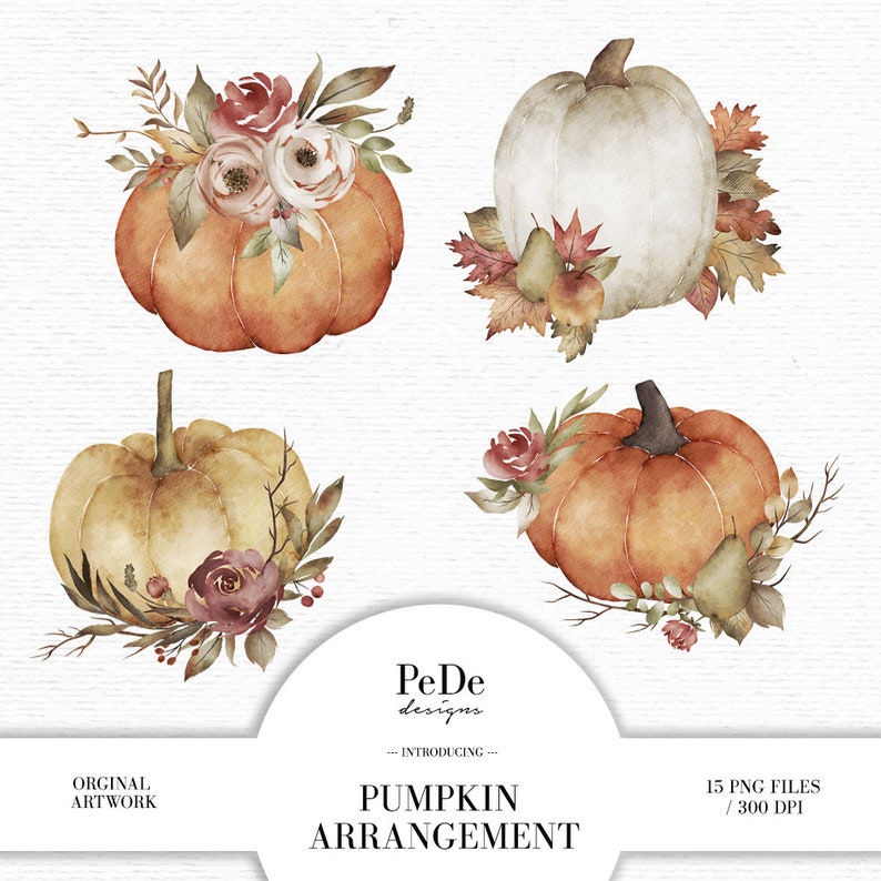 Watercolor Pumpkin Arrangement Clip Art, Autumn Cliparts, Fall Leaves ...