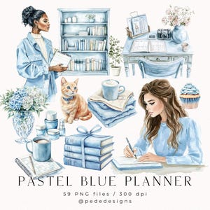 Pastell Blauer Planer, Aquarell Clipart, Planer Mädchen, png Clipart, Kaffeebecher, Schreibtisch, Bücher Clipart, Bücherwurm, Gemütlichkeit, journaling, download