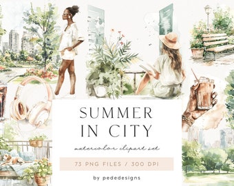 Summer in City, watercolor summer clipart, travel graphics, greenery, summer elements, balcony clipart, city park, reading png, download
