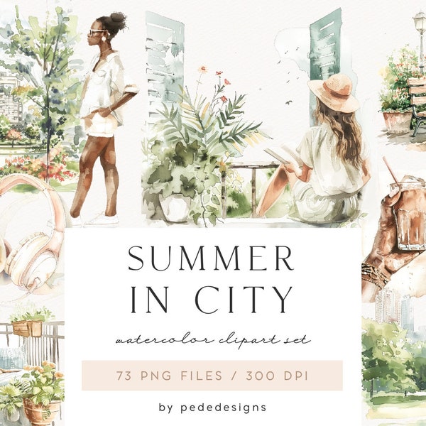 Summer in City, watercolor summer clipart, travel graphics, greenery, summer elements, balcony clipart, city park, reading png, download