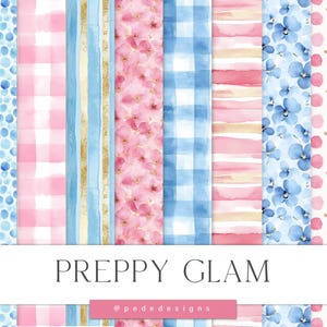 Preppy Glam Digital Paper Pack, Planer Girl, rosafarbene digitale Papiere, Pastell blau, Streifen, Karomuster, floral, download