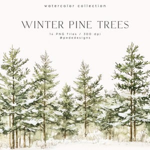 Pinos de invierno, paisaje invernal de acuarela, paisaje de árboles, pino png, gráficos png de invierno, borde de bosque, bosque de invierno, descargar