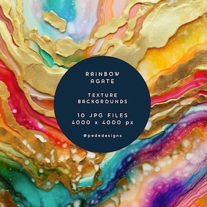 May include: A set of 10 digital backgrounds featuring colorful abstract agate patterns with gold accents. The backgrounds are 4000 x 4000 pixels and are perfect for digital design projects.