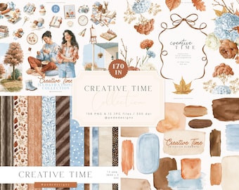 Cozy Autumn Watercolor Bundle with Fall Clipart & Digital Papers, Cottagecore Floral PNG | Autumn Creator Kit (Digital Download)