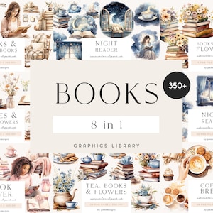 Books Bundle, clipart library, watercolor illustrations, book lover clipart, coffee break, cozy graphics, bookworm png, reading, download