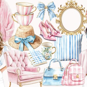 Preppy Glam Clip Art Set, watercolor spring png, girl clipart, stripes, plaid pattern, preppy spring digital stickers, interior, download image 4