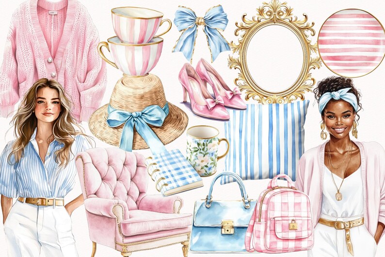 Preppy Glam Clip Art Set, watercolor spring png, girl clipart, stripes, plaid pattern, preppy spring digital stickers, interior, download image 4