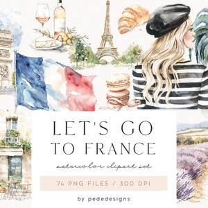 Laten we naar Frankrijk gaan, aquarel zomer clipart, reizen, Eiffeltoren, Franse landschappen, Franse straat, scrapbooking, esthetiek, download