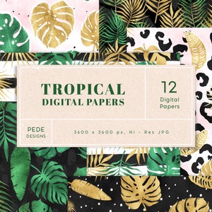 Tropical Digital Paper Pack, papel digital exótico, papéis digitais de verão, folhas, planejador de ouro, páginas de scrapbook, glitter dourado, download