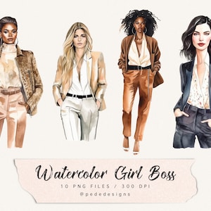 Watercolor Girl Boss clip art, watercolor fashion clipart, lady boss graphics, fashion girl png, elegant fashion lady, download