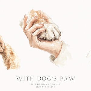 With Dog&#39;s Hand, watercolor clipart, best friends clipart, beige png images, puppy stickers, hand illustration, dog portrait, download