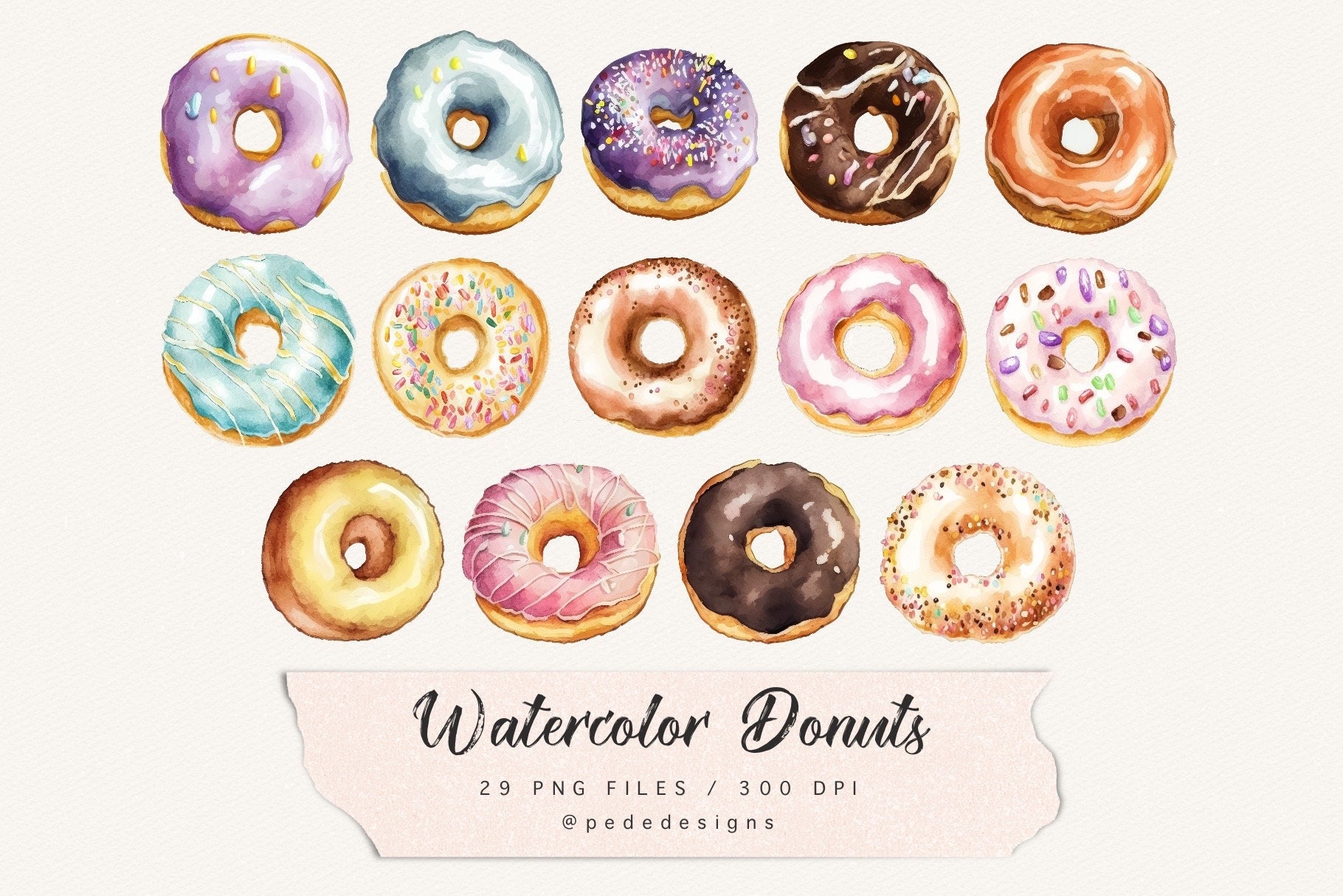 Watercolor Donuts Clip Art: 29 PNG Dessert Graphics (digital Download ...