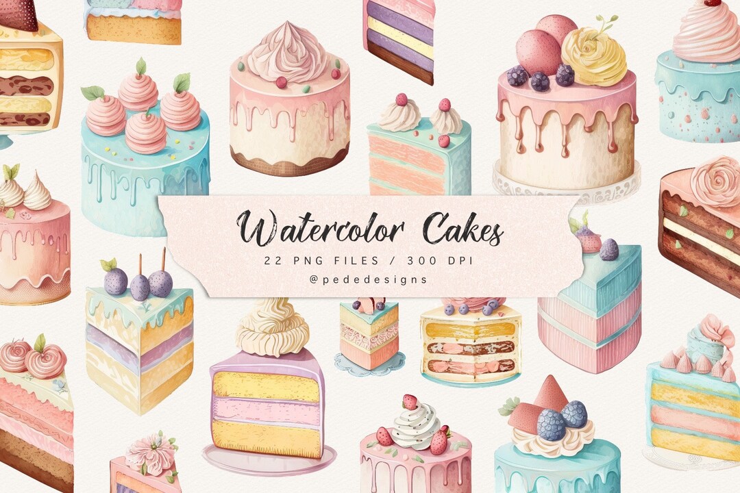 Watercolor Cakes Clip Art, Birthday Clipart, Dessert Illustration