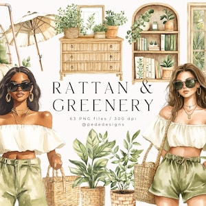 Rattan & Greenery, gráficos de verão em aquarela, clipart tropical, interior de rattan, adesivos exóticos, clipart de amante de plantas em aquarela, download