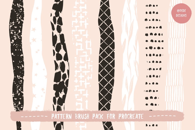 Może przedstawiać: Zestaw 10 czarno-białych wzor&oacute;w pędzli do Procreate. Wzory obejmują gwiazdy, kropki, paski i kształty geometryczne.
