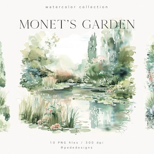 Monets Garten, Aquarell Garten Clipart, Frühlingsgrafiken, Hochzeit Clipart, Gartenarbeit png, digitale Aufkleber, Einladung, Download