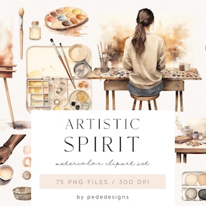 Artistieke geest, aquarelschilder clipart, hobby clipart, vrijetijd graphics, kleurstalen, aquarelpalet, penselen clipart, download