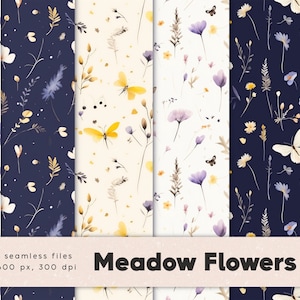 Puede incluir: Un conjunto de 10 patrones digitales sin costuras que presentan ilustraciones de acuarela de flores de prado, mariposas y follaje en varios colores, incluidos el morado, el amarillo y el blanco, sobre un fondo azul marino, blanco y crema. Los patrones son de 3600x3600 píxeles y 300 ppp. El texto "Meadow Flowers" se muestra en la parte inferior de la imagen.