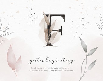 May include: Watercolor illustration of the letter F with brown leaves and a watercolor wash. The text "yesterday's story" is below the letter. The text "hand painted set with watercolor leaves, compositions, decorative alphabet and more" is below the text.