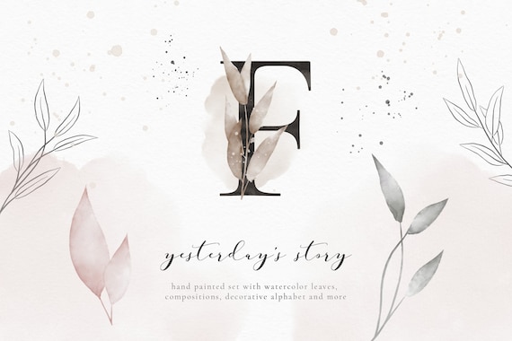 Neutral Watercolor Leaves & Decorative Alphabet PNG Set (Floral Compositions and Monograms)