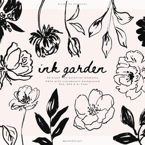 Hand Drawn Botanical Line Art Clipart  | SVG, Vector & PNG Bundle | Ink Flower Clipart (Digital Download)