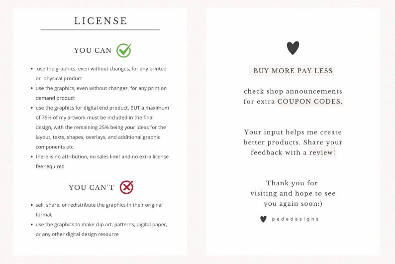 May include: A digital illustration of a license agreement for a graphic design product. The license agreement outlines what the buyer can and cannot do with the graphics. The text includes the phrases "You Can" and "You Can't".