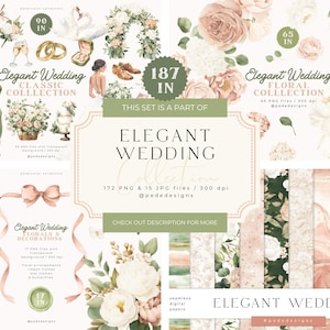 Puede incluir: Colección de boda elegante con ilustraciones en acuarela. La imagen presenta arreglos florales, accesorios de boda y papeles digitales. El texto incluye "Elegant Wedding" y el número de archivos.