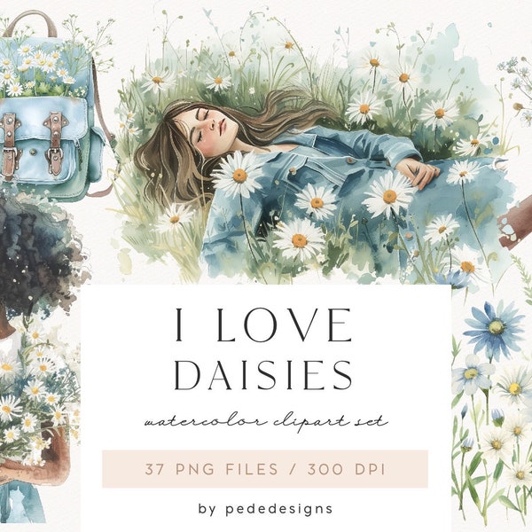 I Love Daisies Collection, watercolor daisies graphics, girl clipart, fashion clipart, spring stickers, meadow flowers, download