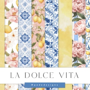 Mediterranean Digital Papers | Lemon Seamless Patterns | Italian Summer Backgrounds | Blue Tile & Floral JPG| Amalfi (Digital Download)